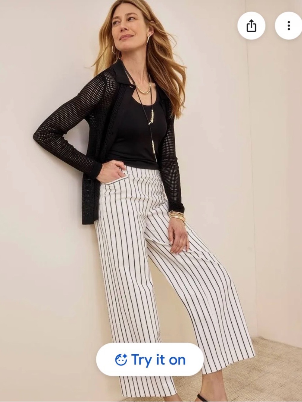 Chico's White Wide-Leg Crop Pants with Black Pinstripes